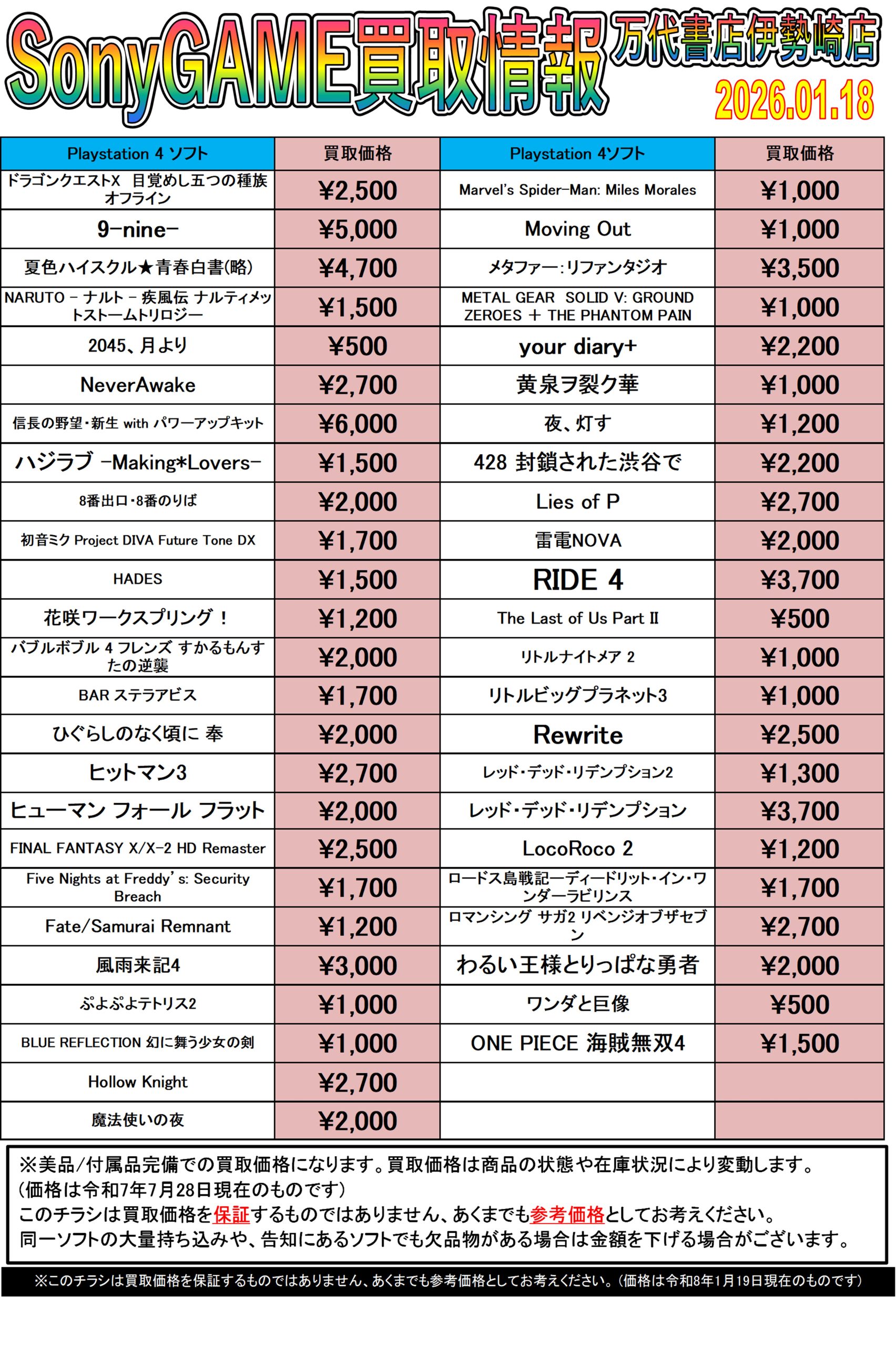 ゲーム＊PS4 他SONY系・その他 WEBチラシ - 万代書店 伊勢崎店
