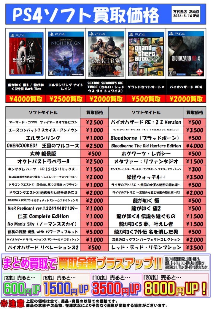 PS4ソフト買取チラシ更新しました! - 万代書店 高崎店 PS4ソフト買取チラシ更新しました! - 万代書店 高崎店